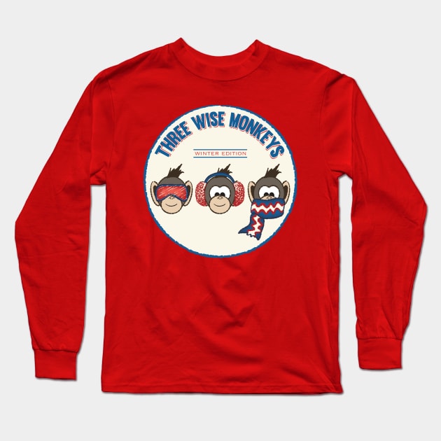 Three Wise Monkeys Winter Edition Long Sleeve T-Shirt by Scrabbly Doodles